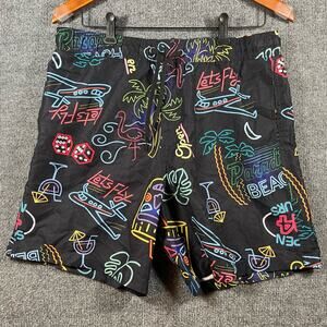 Surf Society Swim Shorts Men's Large Black/Multicolor Doodle AOP Party Beach